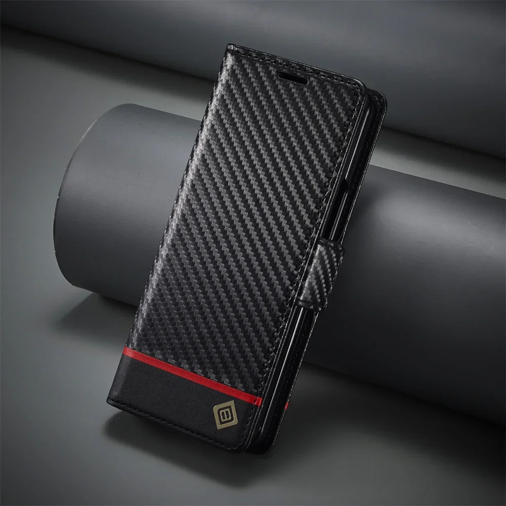 Leather Wallet Card Holder Phone Cover - Luxe Koolstofvezel PU Leather Cover Voor