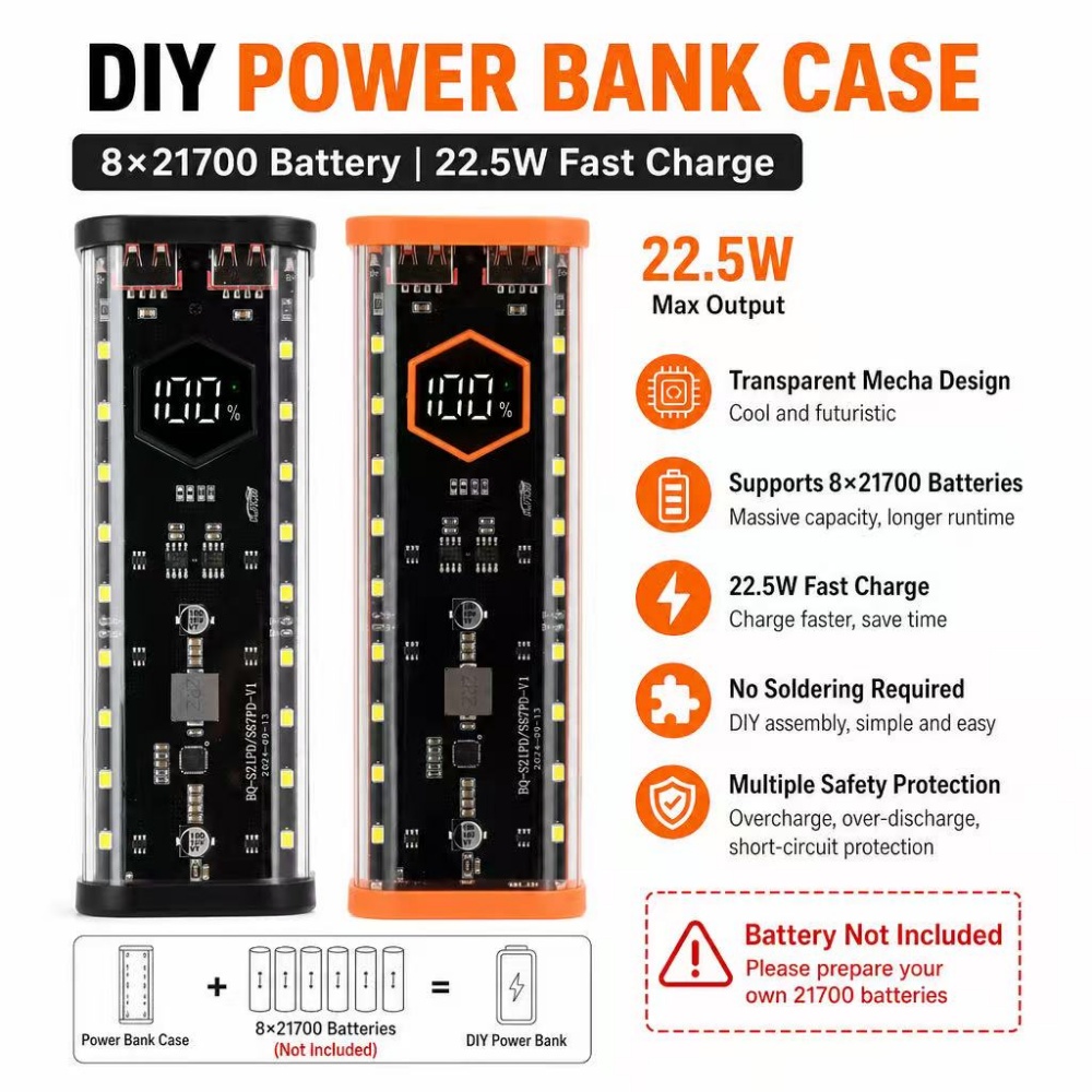 Power Banks - 8*21700 Batterijhouder 22,5W Snel opladen DIY